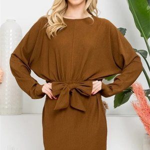 Brown Ribbon Waist Dolman Sleeve Dress